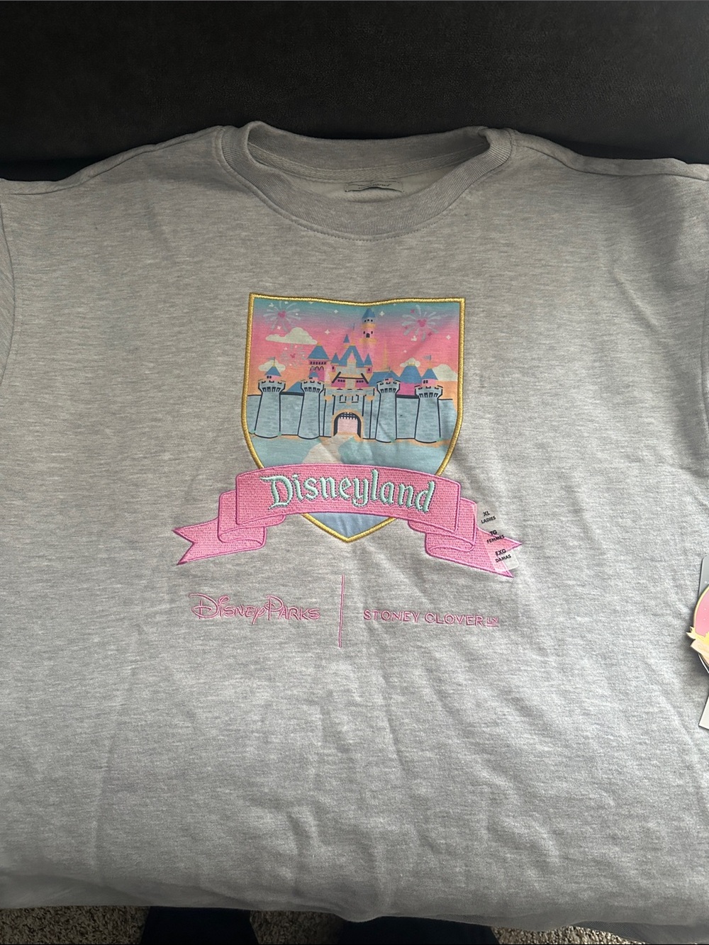 Stoney Clover Lane Light Gray Sweatshirt with Pink & Pastel Blue Castle Graphic